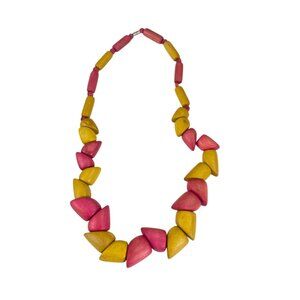 Colorful Vintage Chunky Wooden Necklace With Pink & Yellow Geometric Beads